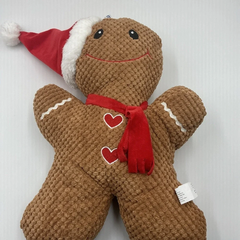 Dog Pet Toy Squeaker Chew Soft Squeaky Gingerbread Man Plush Brown Red Large 14